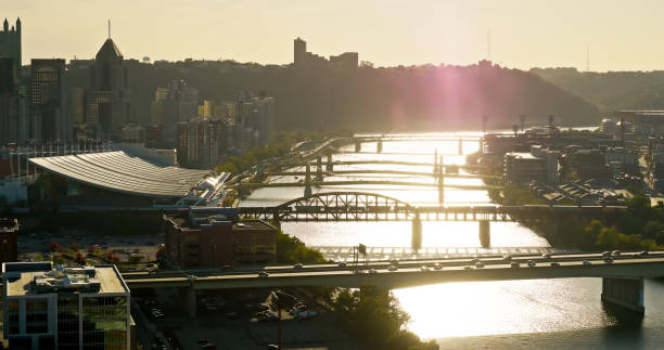 Aerial shot of downtown Pittsburgh, Pennsylvania from Strip District on a mostly clear day in Fall.