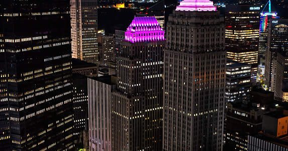 Aerial shot of skyscrapers in downtown Pittsburgh, Pennsylvania on a Fall night.