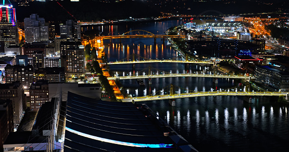 Aerial shot of Allegheny River in Pittsburgh, Pennsylvania on a Fall night.