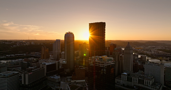 Aerial shot of downtown Pittsburgh, Pennsylvania on a Fall sunset.