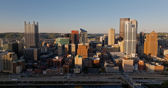 Aerial shot of downtown Pittsburgh, Pennsylvania on a clear day in Fall.