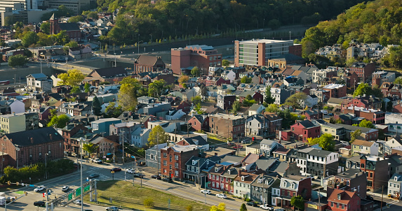Aerial shot of the East Allegheny neighborhood in Pittsburgh, Pennsylvania.