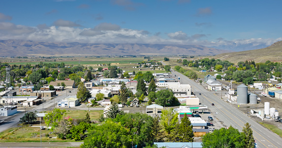 Aerial view of Arco in Butte County, Idaho, on a mostly clear day in Fall.