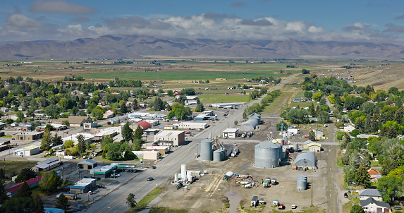 Aerial view of Arco in Butte County, Idaho, on a mostly clear day in Fall.