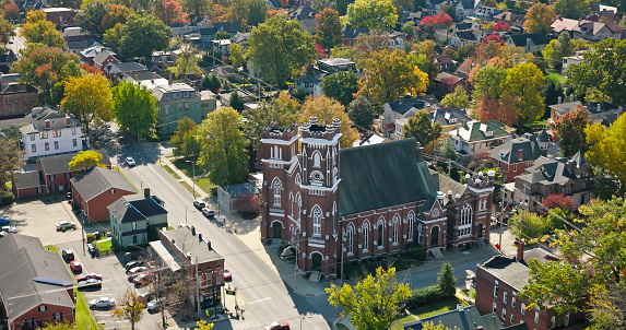 St. Paul’s Lutheran Church in Residential Neighborhood of Evansville, Indiana - High Angle Drone Shot