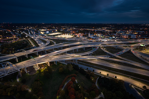 Aerial shot of the downtown district and Interstate highways in Louisville, Kentucky on a Fall night.

Authorization was obtained from the FAA for this operation in restricted airspace.