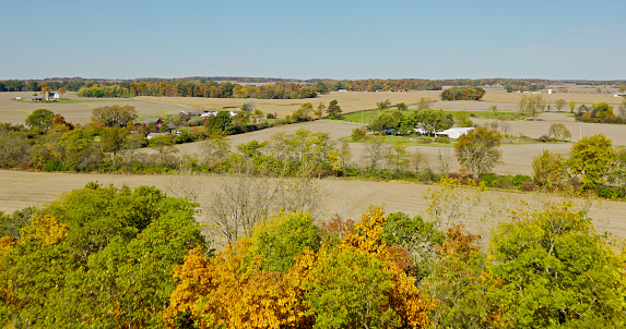 Aerial shot of farmland near South Vienna, a small village in Clark County, Ohio, on a clear day in Fall.