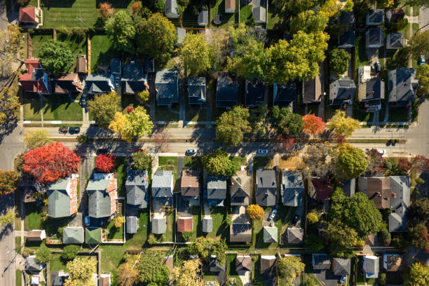 Overhead Drone Shot of Residential Streets Aerial still of residential neighborhood in Oakwood, a small city in Montgomery County, Ohio, on a clear day in Fall. small town america stock pictures, royalty-free photos & images