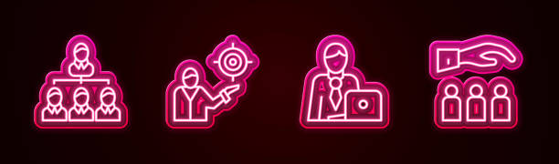 istock Set line Hierarchy organogram chart, Marketing target strategy, Businessman and Boss with employee. Glowing neon icon. Vector 1893843829