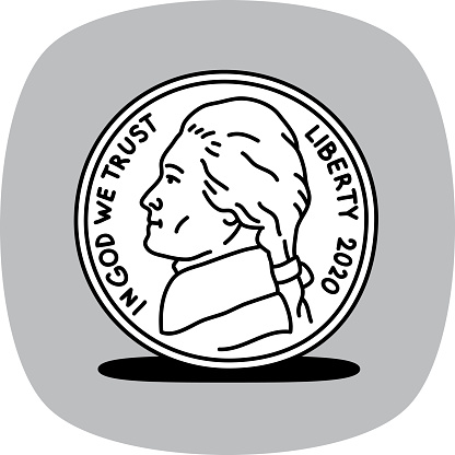 Vector illustration of a hand drawn US nickel coin against a grey background.