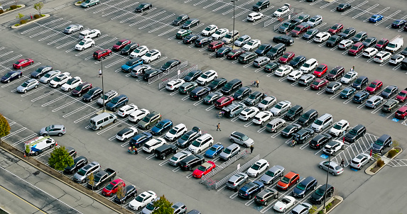 High angle aerial shot of a large parking lot connected to a retail park in Mayfield Heights, a suburb of Cleveland in Cuyahoga County, Ohio.