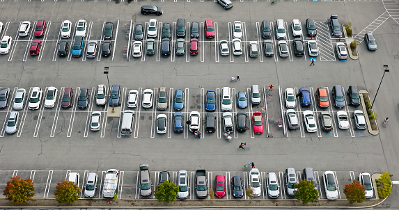 High angle aerial shot of a large parking lot connected to a retail park in Mayfield Heights, a suburb of Cleveland in Cuyahoga County, Ohio.