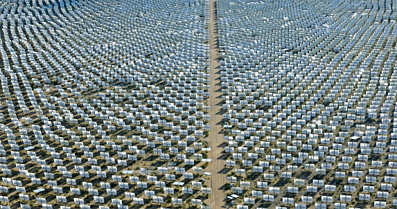 Aerial shot of the Ivanpah Solar Power Facility, a concentrated solar thermal plant in the Mojave Desert on the California-Nevada border.
