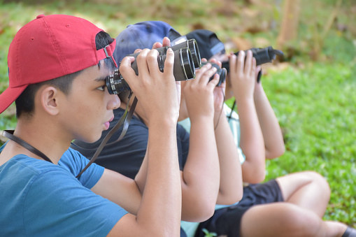 Asian boys using binoculars and handbook to do the birdwatching, insects report and forest animals in tropical forest during summer camp, idea for learning creatures, insects, trees and wildlife animals outside classroom.