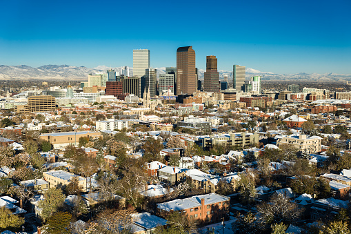 Aerial shot of downtown Denver on a cold and clear morning in late Fall.