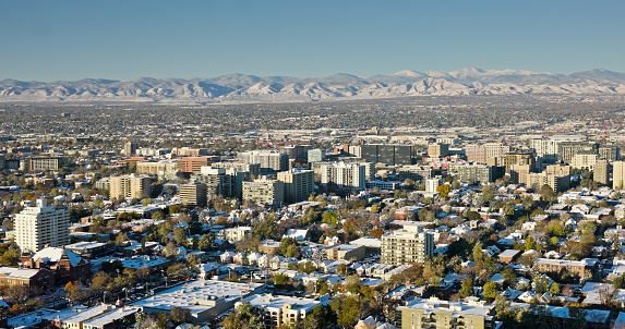 Aerial shot Denver cityscape on a cold and clear morning in late Fall.