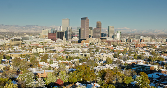 Aerial shot of downtown Denver on a cold and clear morning in late Fall.