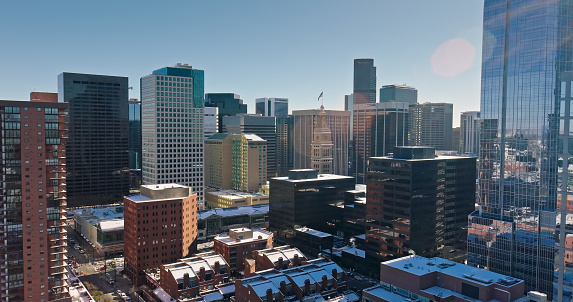 Aerial shot of Central Business District, Denver on a clear and cold morning in late Fall.