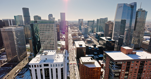 Aerial shot of Central Business District, Denver on a clear and cold morning in late Fall.