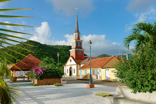 Colorful church of Les Anses D'Arlet village at sunset, Martinique