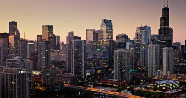istock Aerial Still Image of Chicago Loop Skyscrapers on a Fall Sunrise 1893884748