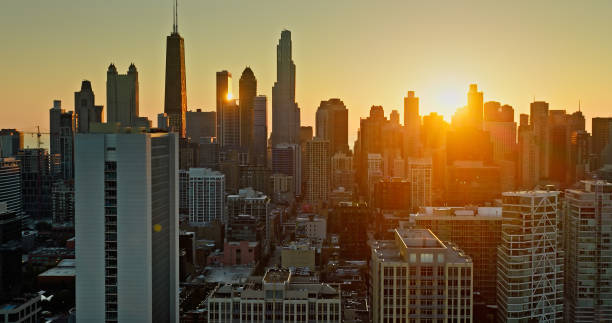 istock Drone View of Chicago Loop Skyscrapers at Sunrise 1893884784