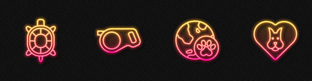 istock Set line World pet, Turtle, Retractable cord leash and Heart with dog. Glowing neon icon. Vector 1893884962