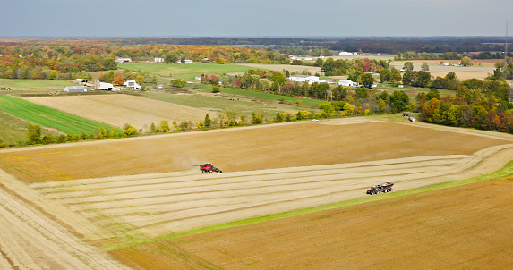 Aerial view of farmland near Opdyke, a census-designated place in the southeastern part of Jefferson County, Illinois, on an overcast day in Fall.