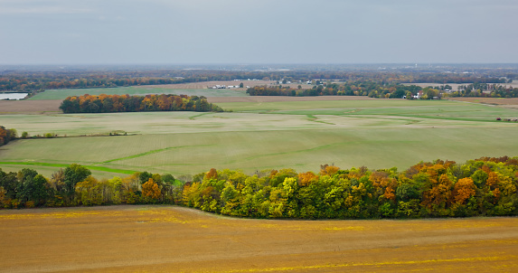 Aerial view of farmland near Opdyke, a census-designated place in the southeastern part of Jefferson County, Illinois, on an overcast day in Fall.