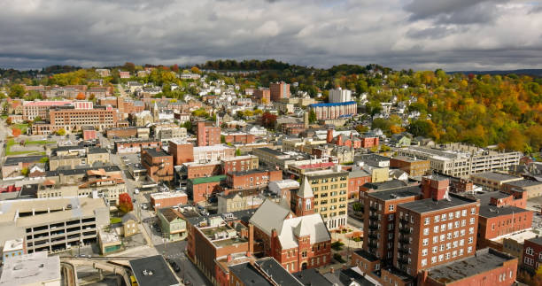 Aerial still of Morgantown, West Virginia, on an overcast day in Fall.\n\nAuthorization was obtained from the FAA for this operation in restricted airspace.