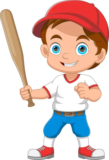 Vector illustration of cartoon little boy playing baseball