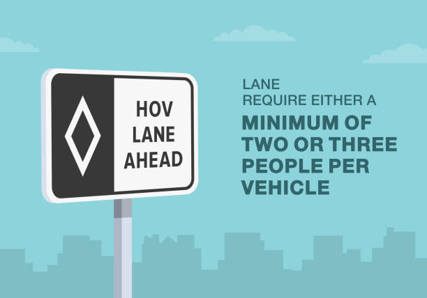 tipps zum sicheren fahren und verkehrsregeln. nahaufnahme des hov-spurschilds der vereinigten staaten. mindestens zwei oder drei personen pro fahrzeug. vorlage für vektorillustrationen. - two lane highway stock-grafiken, -clipart, -cartoons und -symbole