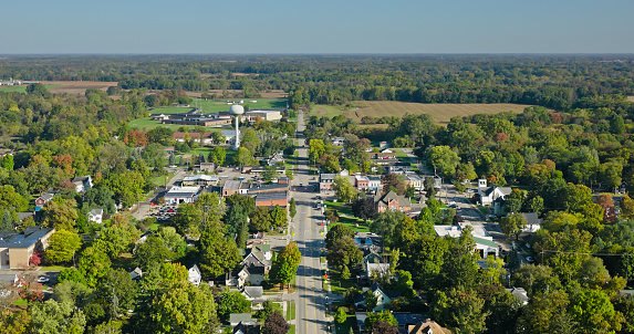 Aerial view of Stockbridge, a village in Ingham County in the U.S. state of Michigan, on a clear day in Fall.