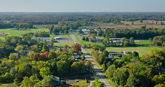 Aerial view of Stockbridge, a village in Ingham County in the U.S. state of Michigan, on a clear day in Fall.