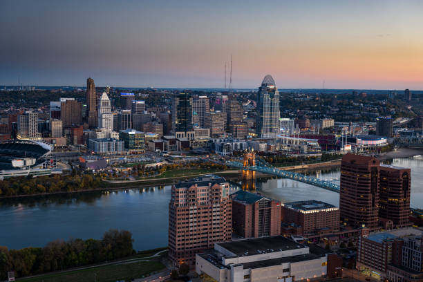 istock Drone View of Downtown Cincinnati, Ohio from over Covington, Kentucky at before Sunrise in Fall 1893916405
