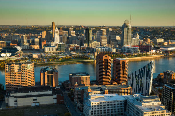 Aerial view of Downtown Cincinnati, Ohio and Covington, Kentucky before sunrise on a Fall morning.