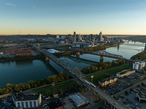 Aerial view of Downtown Cincinnati, Ohio and Covington, Kentucky at dawn on a Fall morning.