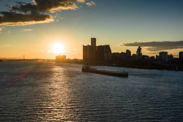 Detroit Skyline with Renaissance center at sunset, Michigan US