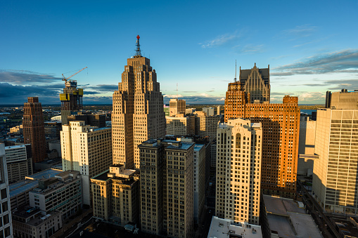 Aerial view of downtown Detroit, Michigan on a Fall sunset.
