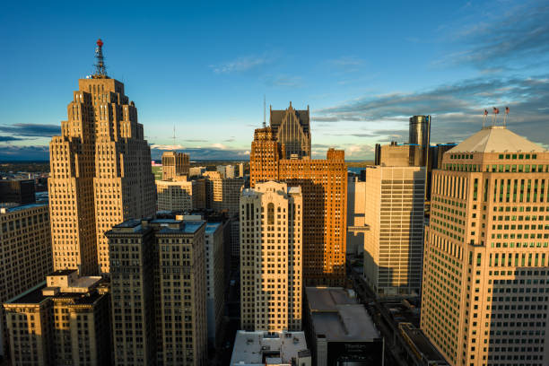 istock Drone View of Downtown Detroit Skyscrapers on a Fall Sunset 1893931471