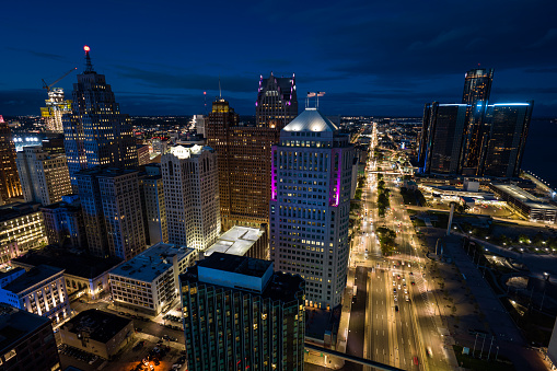 Aerial view of downtown Detroit, Michigan on a Fall evening, overlooking Lafayette Park in the distance.