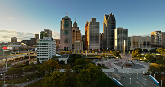 Aerial shot of Hart Plaza in downtown Detroit, Michigan on a Fall sunset.