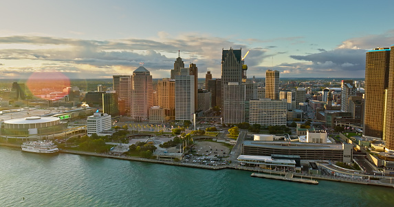 Aerial view of downtown Detroit skyline on a Fall sunset.