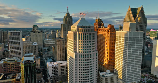 istock Downtown Detroit Skyscrapers on a Fall Sunset - Aerial Still 1893932018