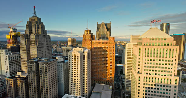 istock Downtown Detroit Skyscrapers on a Fall Sunset - Aerial Shot 1893932023
