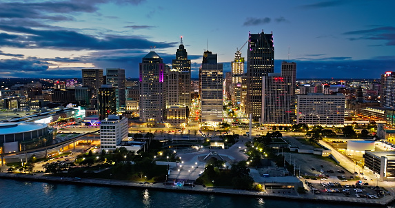 Aerial shot of Hart Plaza and downtown Detroit, Michigan on a Fall evening.