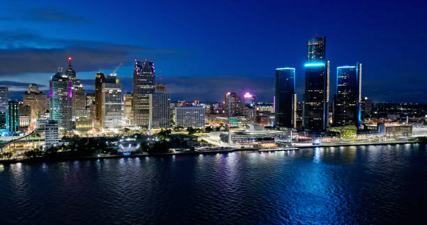 istock Downtown Detroit Illuminated on a Fall Evening - Aerial 1893932561