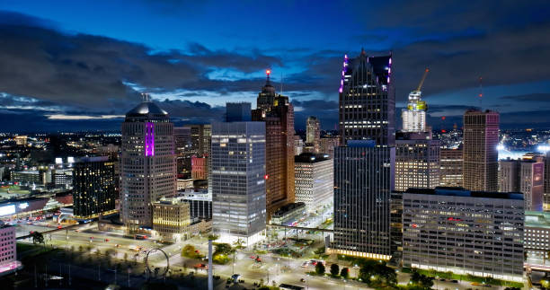 istock Downtown Detroit under a Cloudy Sky in the Evening - Aerial 1893932568