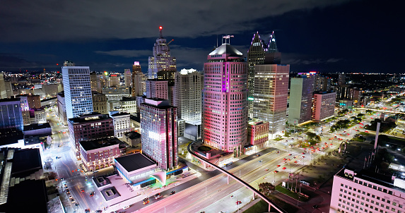 Aerial shot of downtown Detroit, Michigan on a Fall night.