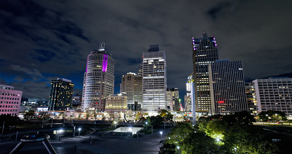 Aerial shot of Hart Plaza and downtown Detroit, Michigan on a Fall night.